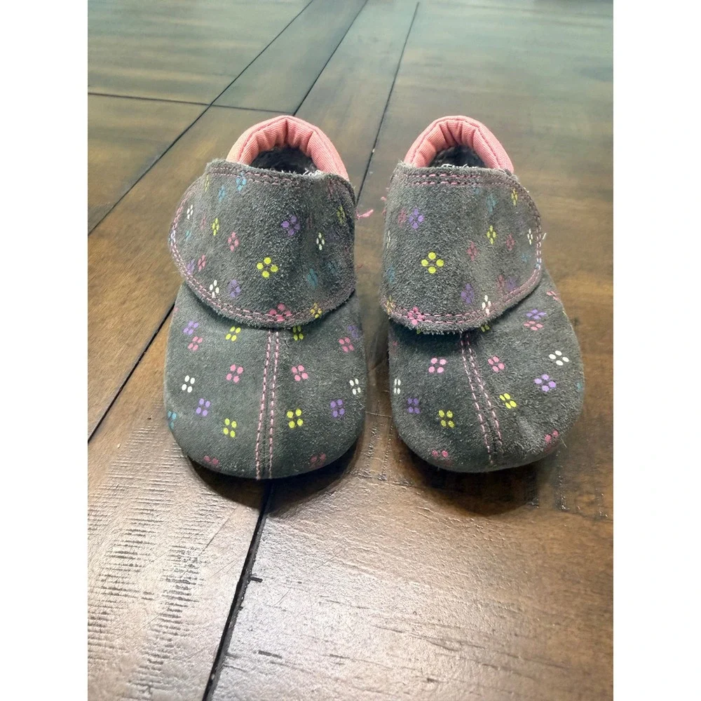 See Kai Run Baby Girls Grey Suede Floral Dot Slippers Shoes 12-18 Months